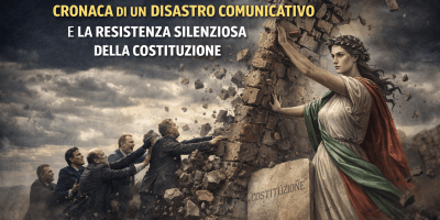 Copertina dell'articolo sul Referendum: la figura allegorica della Costituzione resiste silenziosamente mentre un muro crolla sotto la spinta politica e gaffe comunicative.
