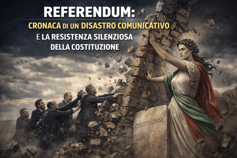 Copertina dell'articolo sul Referendum: la figura allegorica della Costituzione resiste silenziosamente mentre un muro crolla sotto la spinta politica e gaffe comunicative.